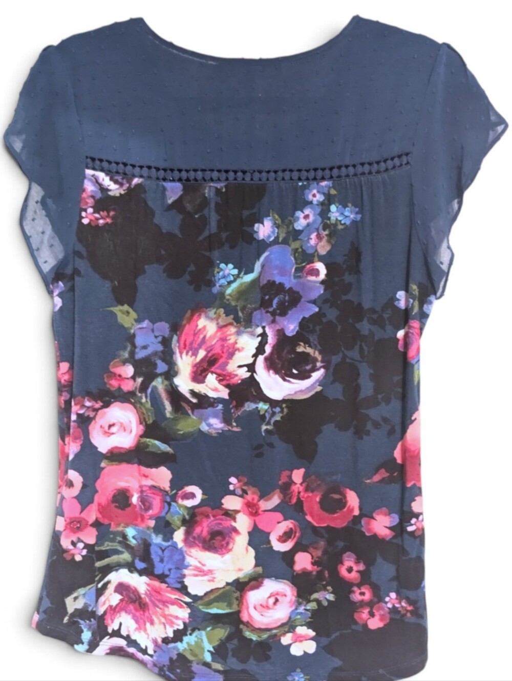 ​🌸 Daniel Rainn Floral Teal Swiss Dot Yoke Blouse Medium Short Sleeve 🌸 - Picture 2 of 9
